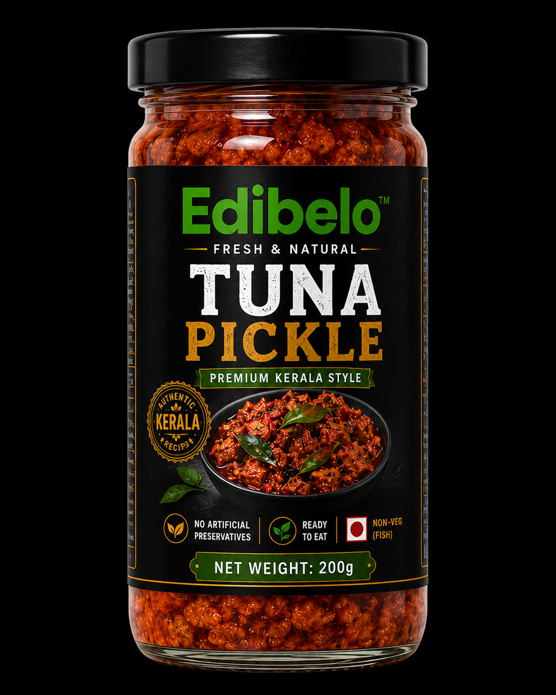 Edibelo Tuna Pickle 200g glass jar — premium Kerala style