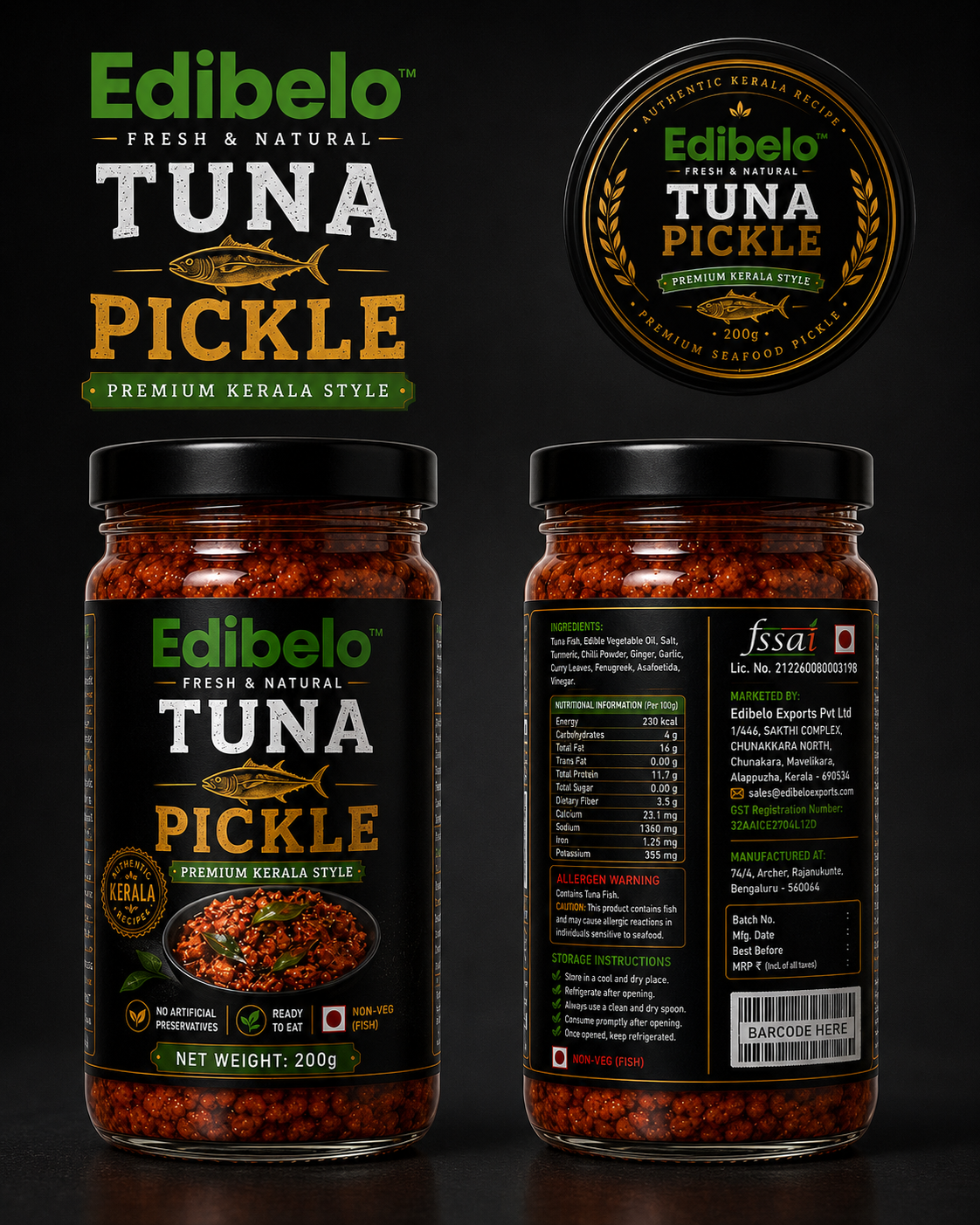 Edibelo Tuna Pickle 200g glass jar with premium Kerala label
